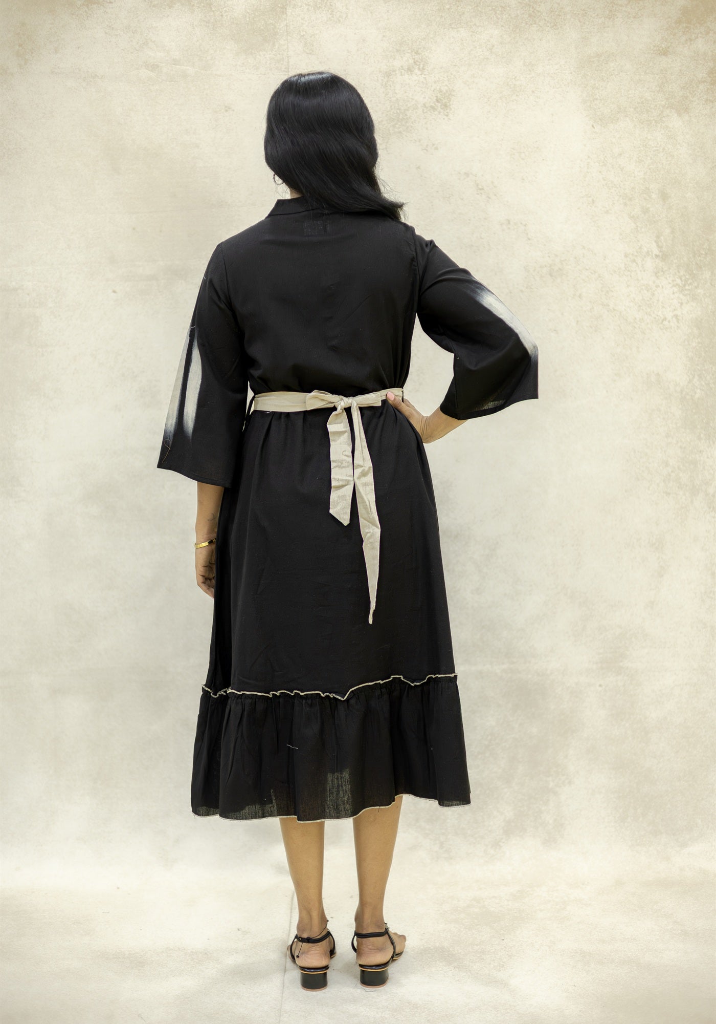 Black Ikat Stripe A-Line Midi Kurta Dress - Black