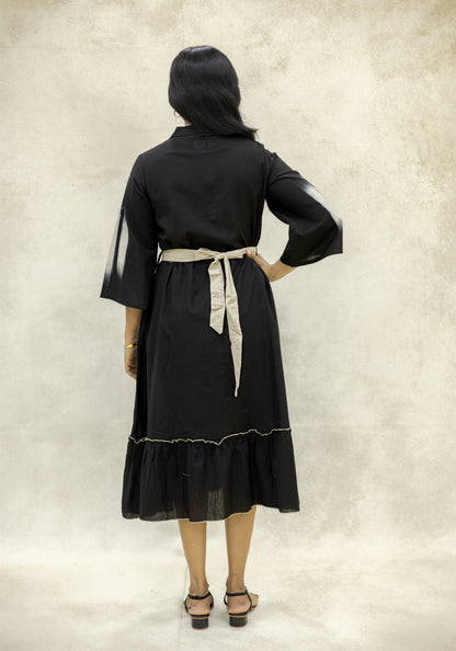Black Ikat Stripe A-Line Midi Kurta Dress - Black