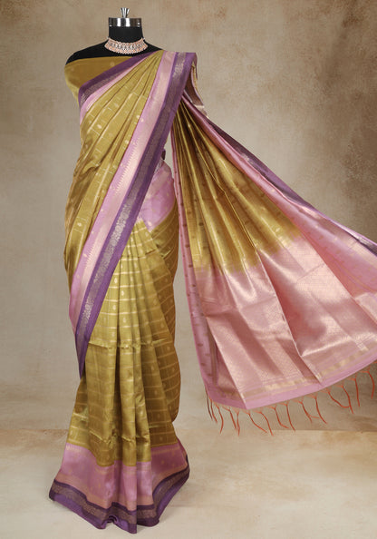 Dola Silk Saree Olive Gold Blush Pink Pallu