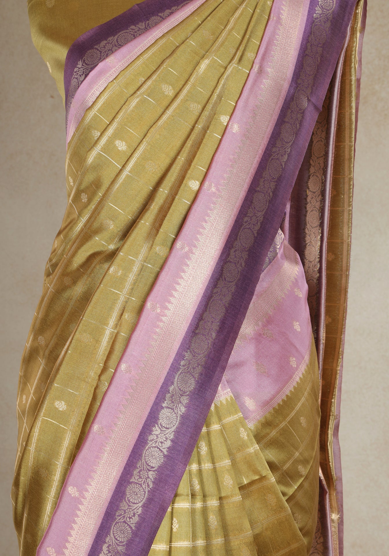 Dola Silk Saree Olive Gold Blush Pink Pallu