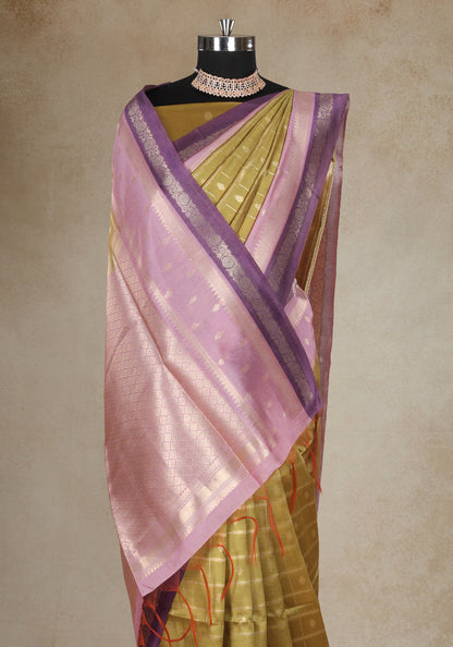 Dola Silk Saree Olive Gold Blush Pink Pallu