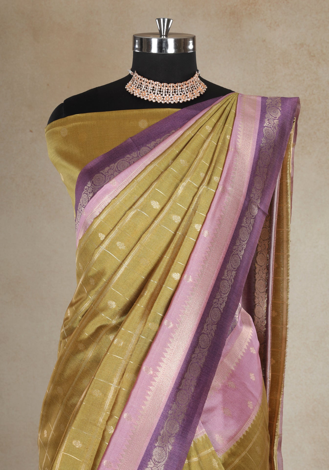 Dola Silk Saree Olive Gold Blush Pink Pallu
