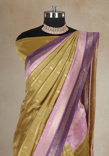 Dola Silk Saree Olive Gold Blush Pink Pallu