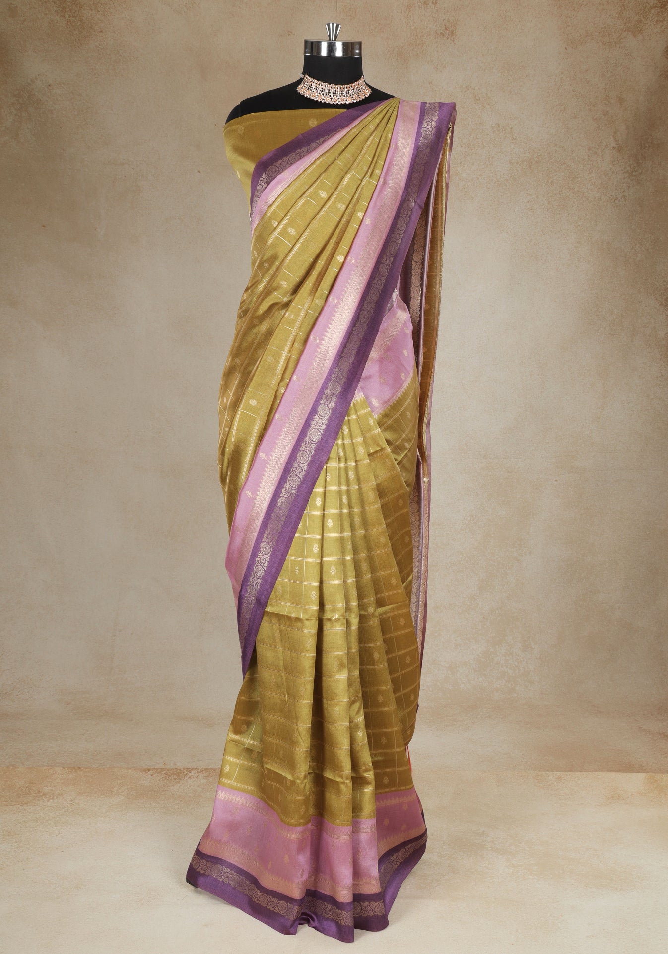 Dola Silk Saree Olive Gold Blush Pink Pallu