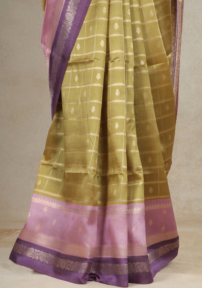 Dola Silk Saree Olive Gold Blush Pink Pallu