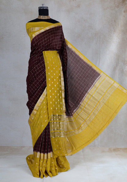 Chocolate Brown Mustard Dotted Border Fancy Saree - VGS-1-3004