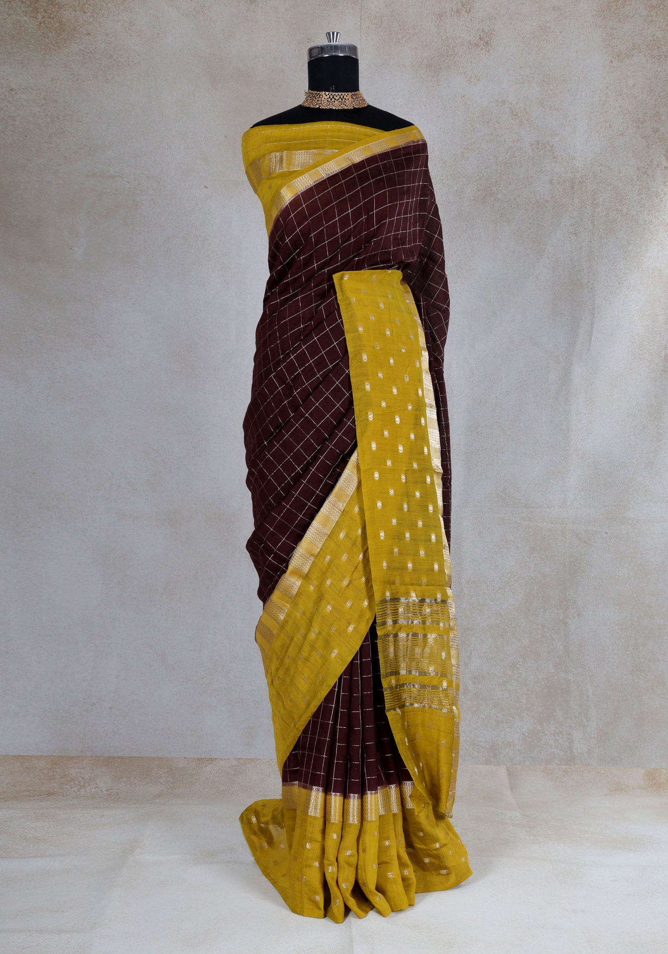 Chocolate Brown Mustard Dotted Border Fancy Saree - VGS-1-3004