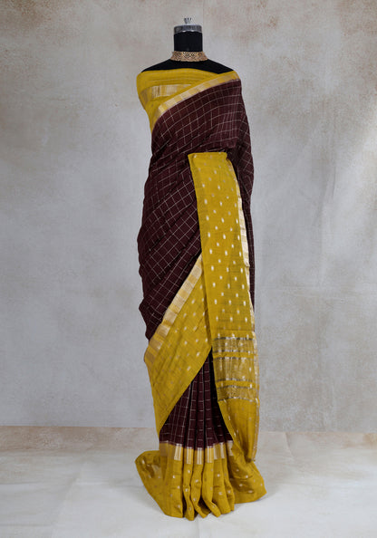 Chocolate Brown Mustard Dotted Border Fancy Saree - VGS-1-3004