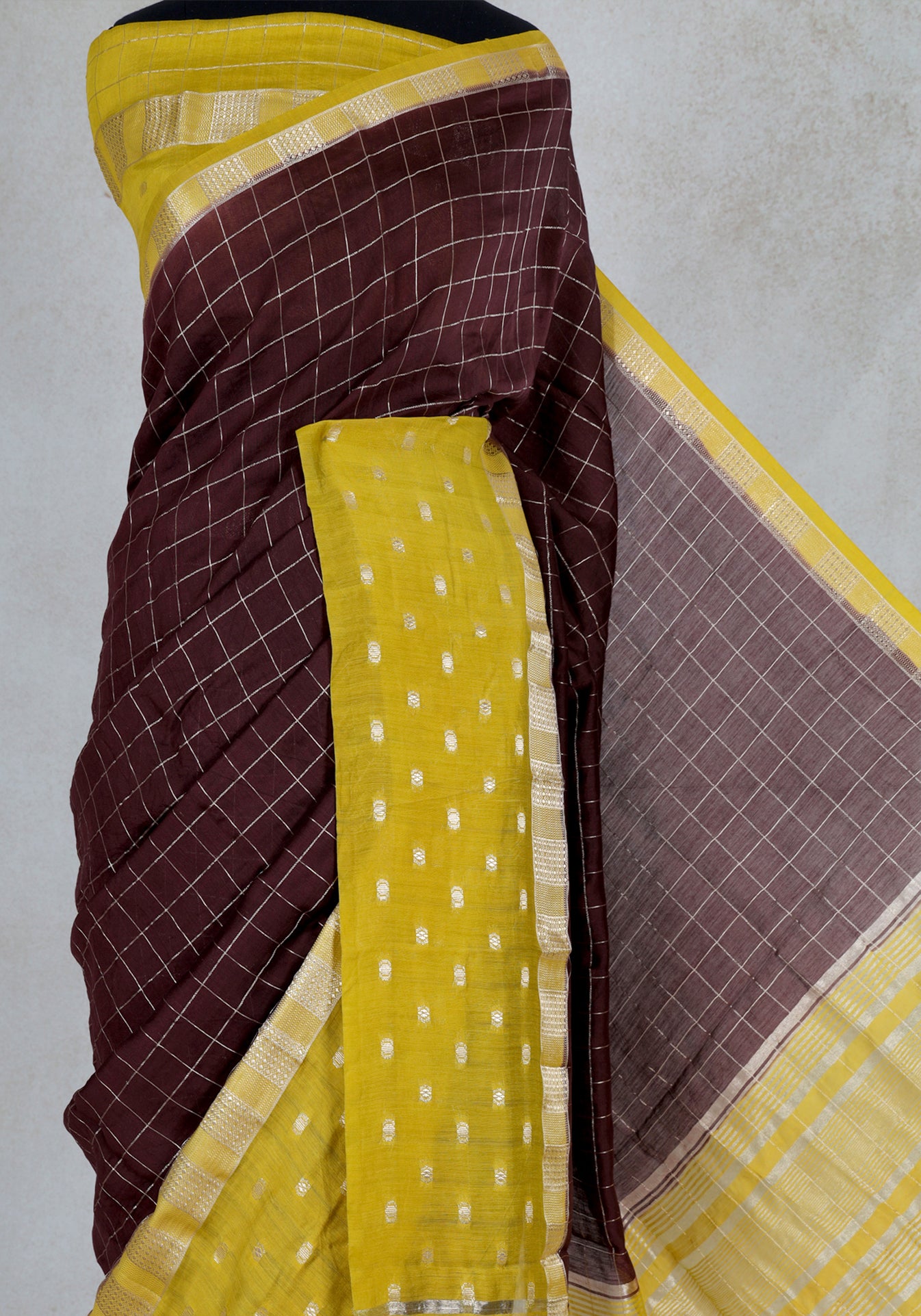 Chocolate Brown Mustard Dotted Border Fancy Saree - VGS-1-3004