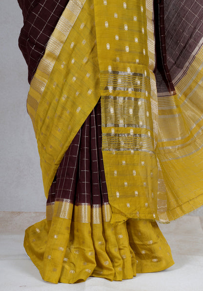 Chocolate Brown Mustard Dotted Border Fancy Saree - VGS-1-3004