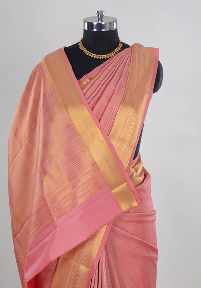 Pure Kanchipuram Art Silk Saree Peach Pink Gold Border
