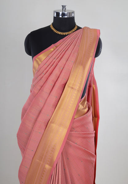 Pure Kanchipuram Art Silk Saree Peach Pink Gold Border