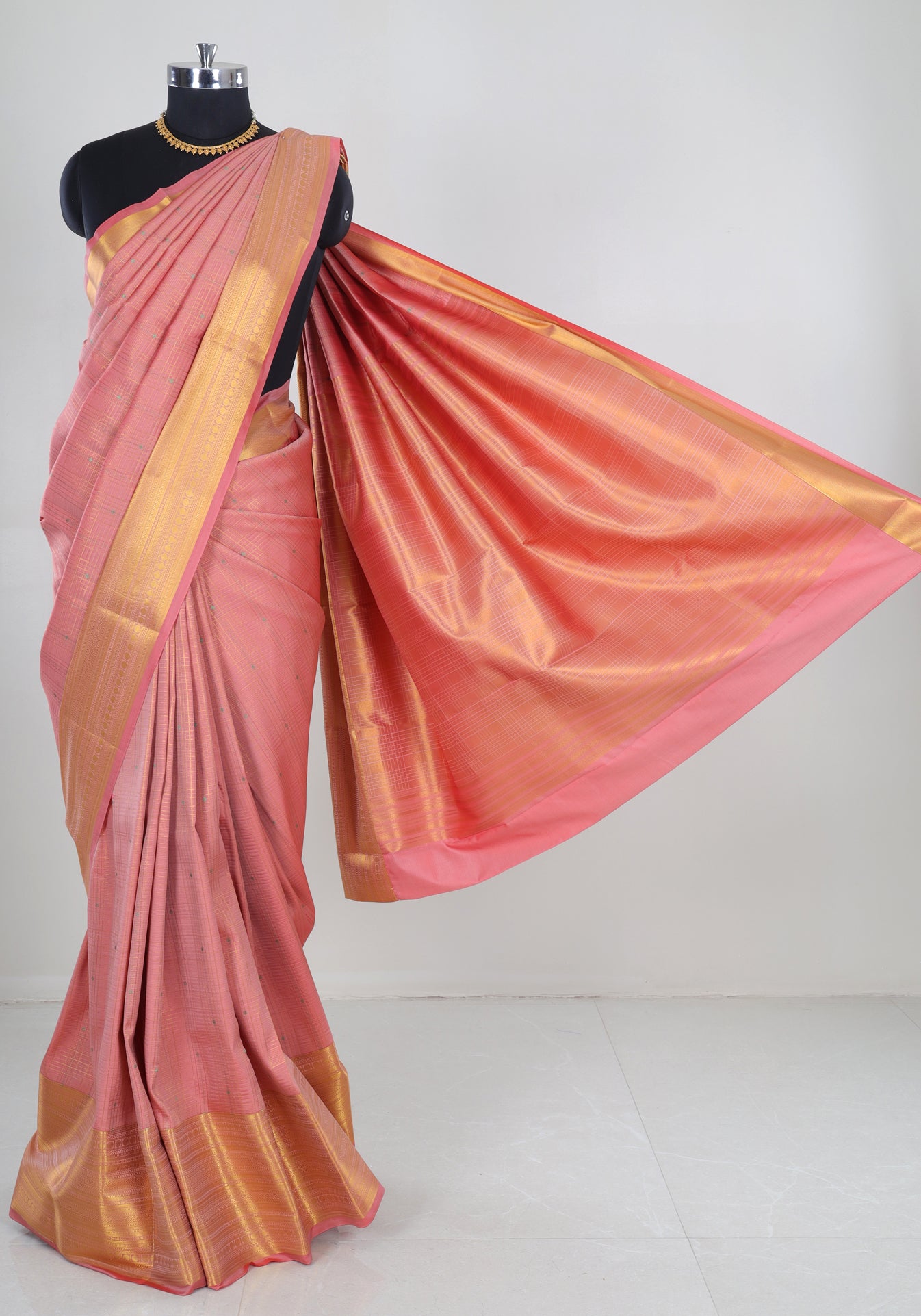 Pure Kanchipuram Art Silk Saree Peach Pink Gold Border