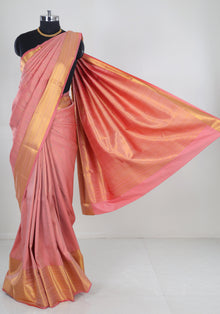 Pure Kanchipuram Art Silk Saree Peach Pink Gold Border