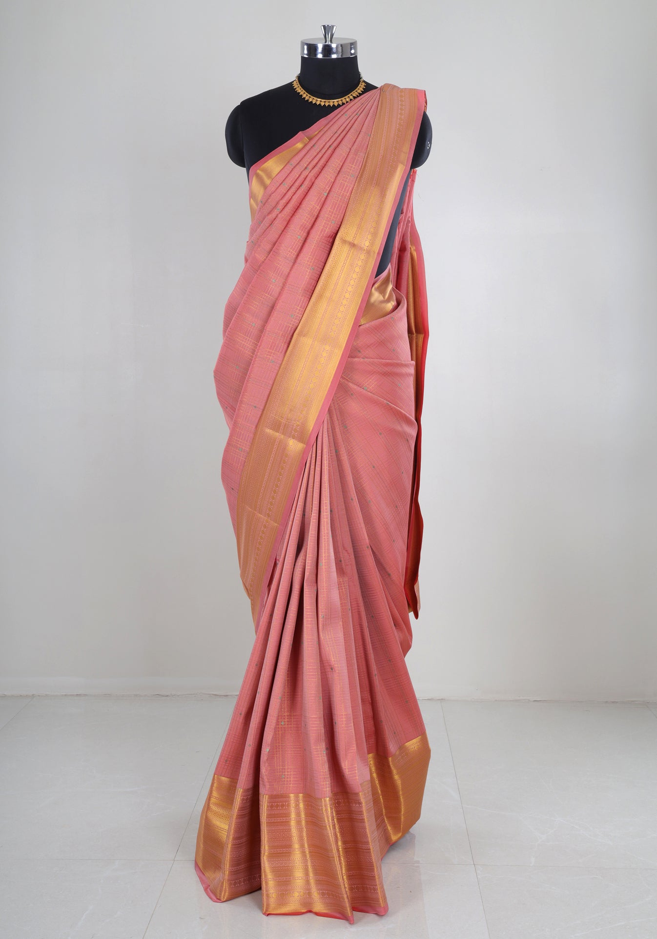 Pure Kanchipuram Art Silk Saree Peach Pink Gold Border