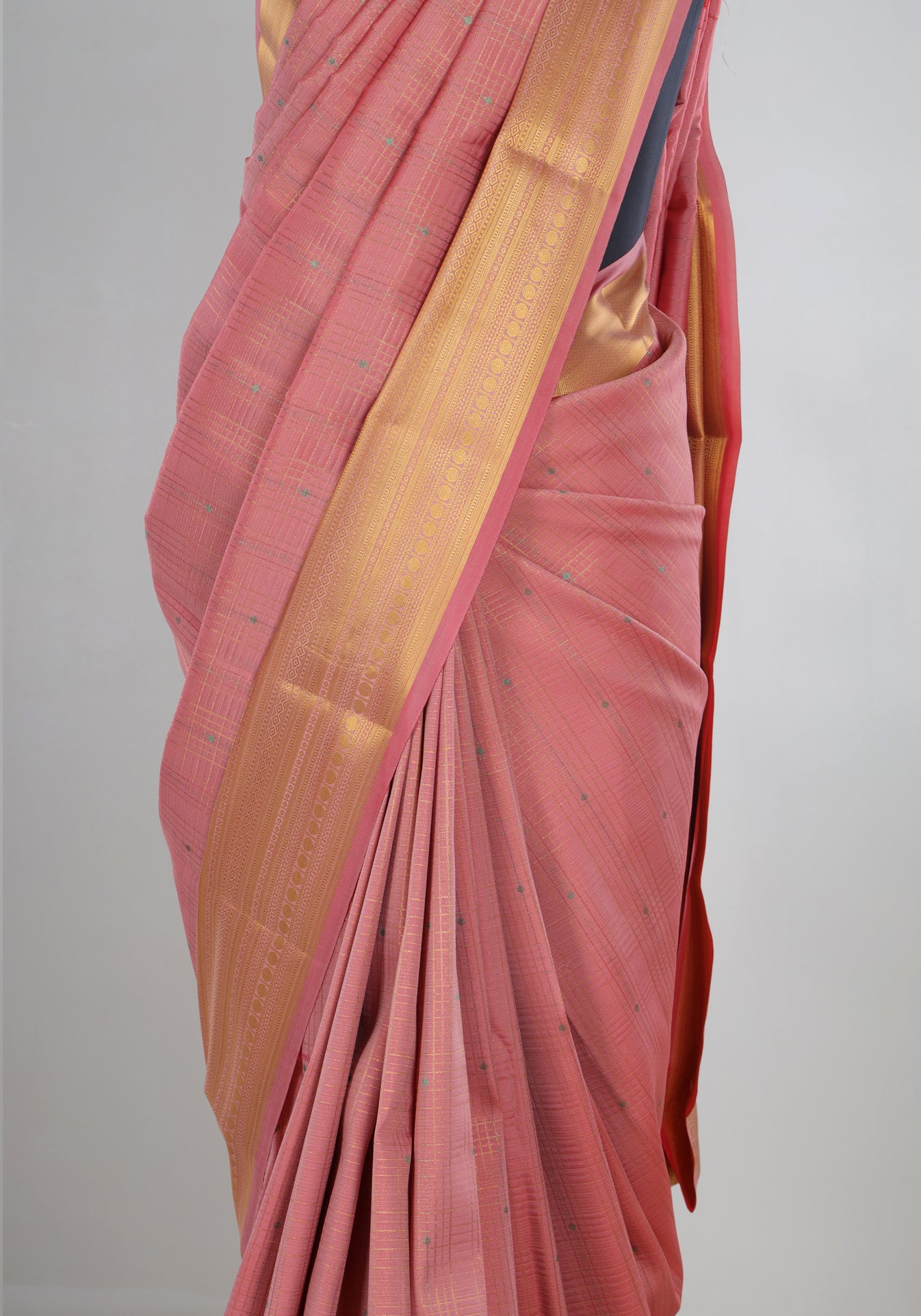 Pure Kanchipuram Art Silk Saree Peach Pink Gold Border