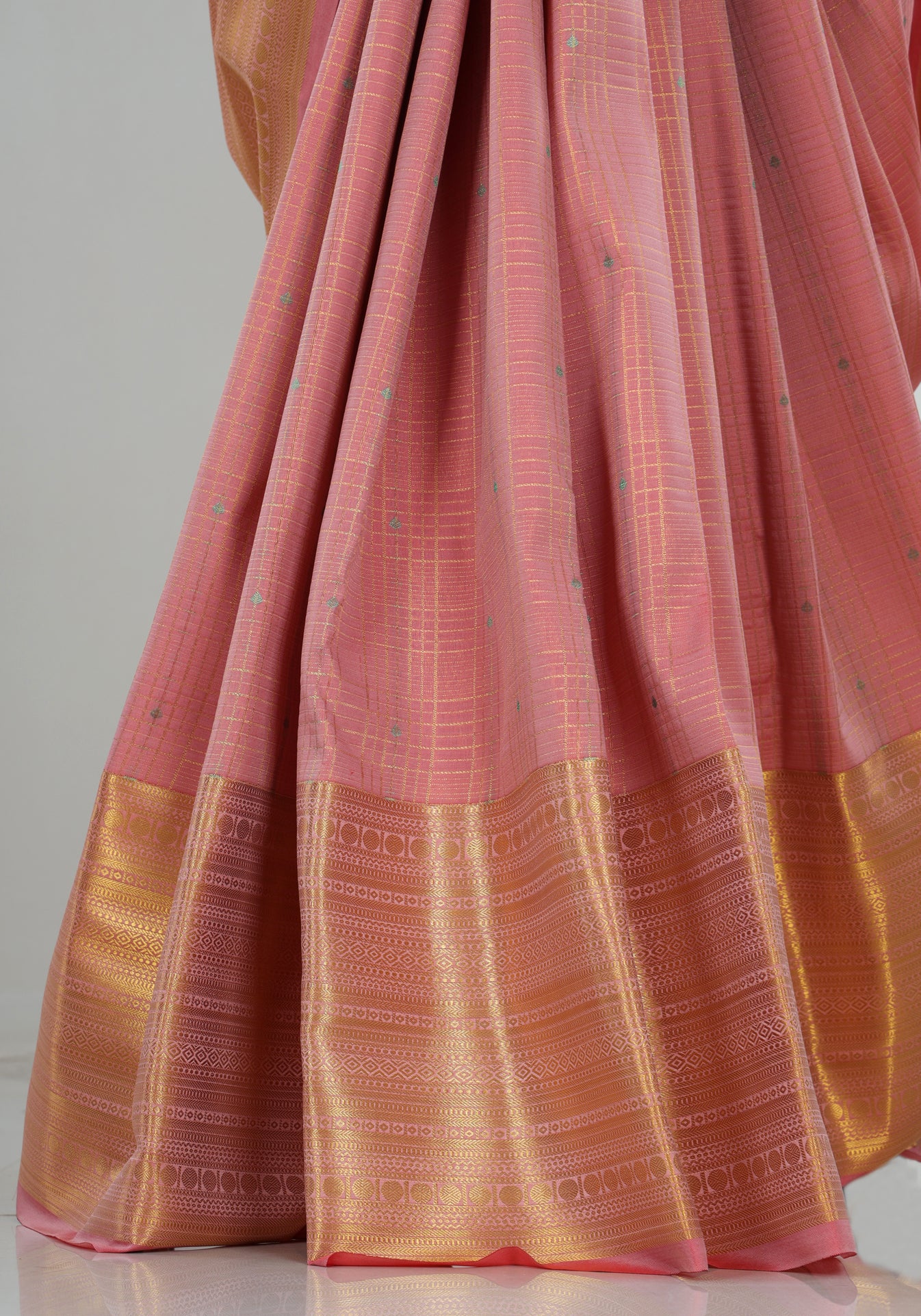 Pure Kanchipuram Art Silk Saree Peach Pink Gold Border