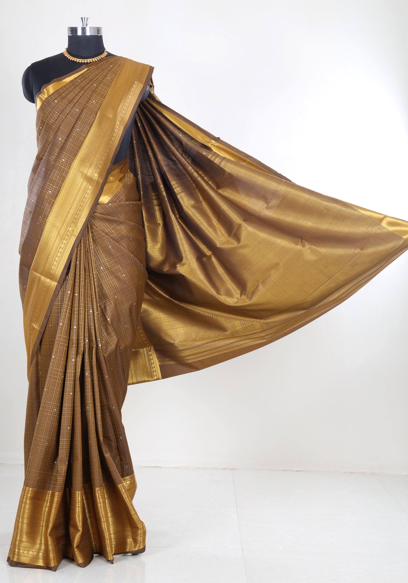 Pure Kanchipuram Art Silk Saree Bronze Brown Gold Zari Border
