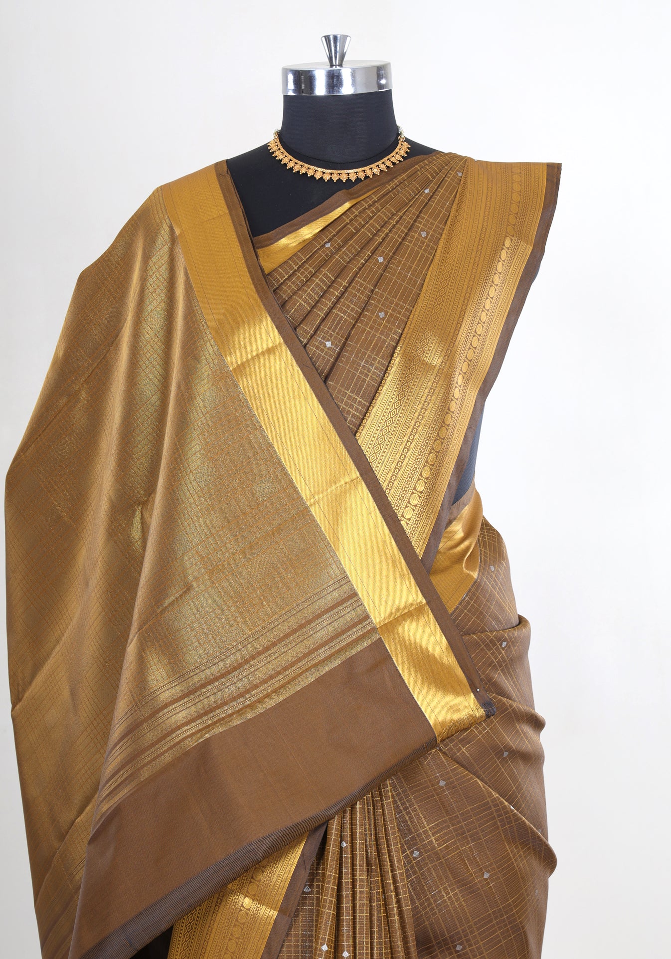 Pure Kanchipuram Art Silk Saree Bronze Brown Gold Zari Border