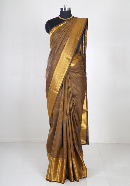 Pure Kanchipuram Art Silk Saree Bronze Brown Gold Zari Border