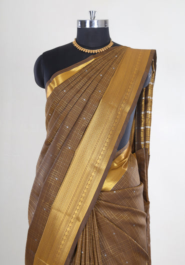 Pure Kanchipuram Art Silk Saree Bronze Brown Gold Zari Border