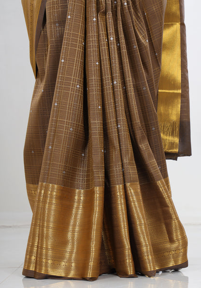 Pure Kanchipuram Art Silk Saree Bronze Brown Gold Zari Border