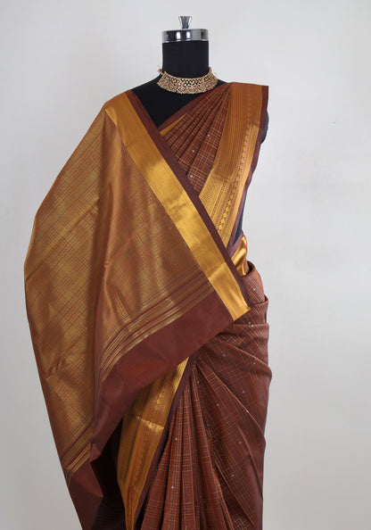Pure Kanchipuram Art Silk Saree Copper Brown Gold Zari Border