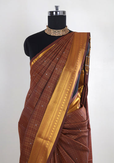 Pure Kanchipuram Art Silk Saree Copper Brown Gold Zari Border