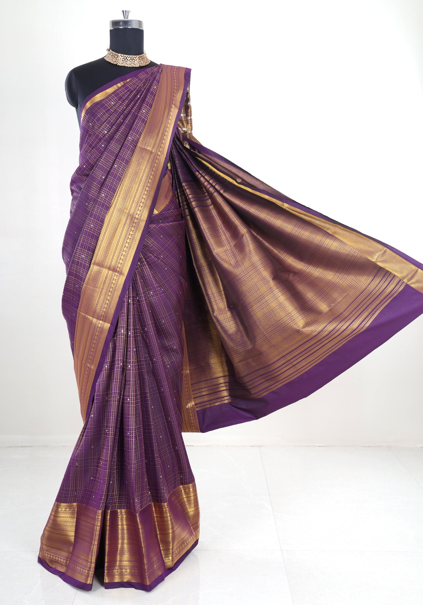 Pure Kanchipuram Art Silk Saree Purple Bronze Gold Pallu