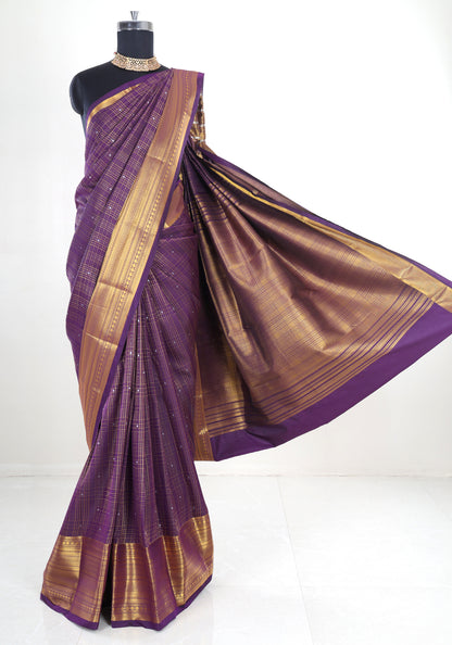 Pure Kanchipuram Art Silk Saree Purple Bronze Gold Pallu