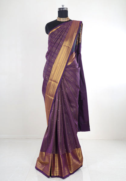 Pure Kanchipuram Art Silk Saree Purple Bronze Gold Pallu