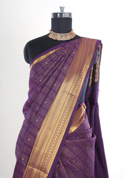 Pure Kanchipuram Art Silk Saree Purple Bronze Gold Pallu