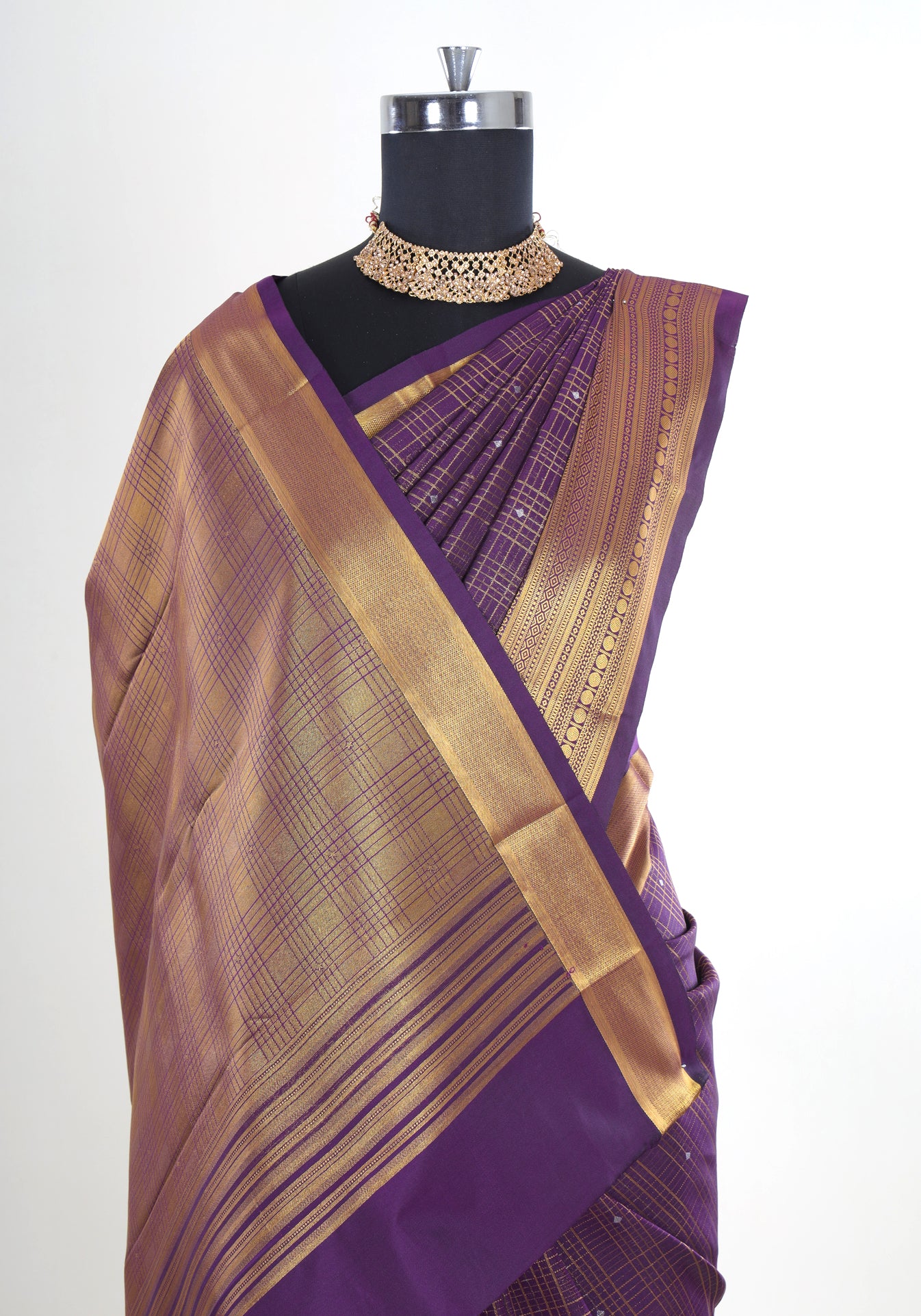 Pure Kanchipuram Art Silk Saree Purple Bronze Gold Pallu