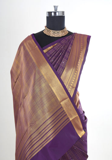 Pure Kanchipuram Art Silk Saree Purple Bronze Gold Pallu