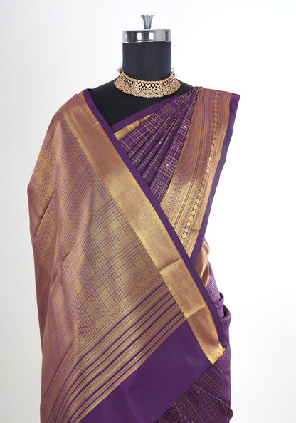 Pure Kanchipuram Art Silk Saree Purple Bronze Gold Pallu
