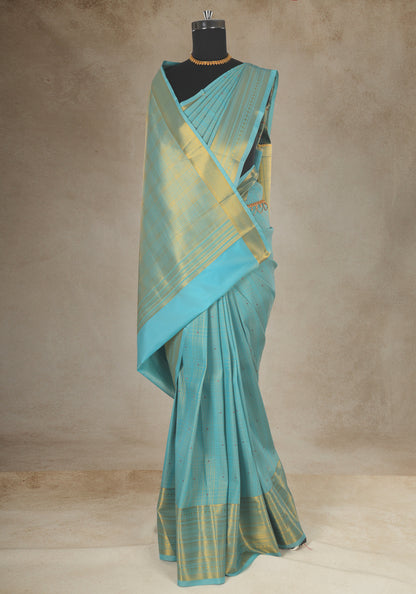 Pure Kanchipuram Art Silk Saree Aqua Blue Gold Border
