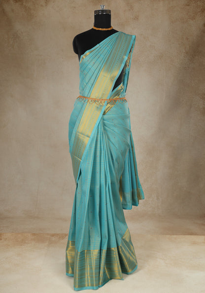 Pure Kanchipuram Art Silk Saree Aqua Blue Gold Border