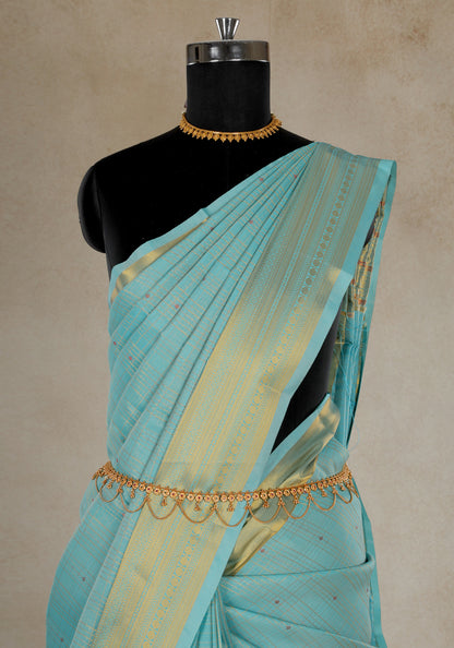 Pure Kanchipuram Art Silk Saree Aqua Blue Gold Border