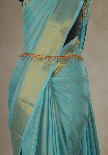 Pure Kanchipuram Art Silk Saree Aqua Blue Gold Border