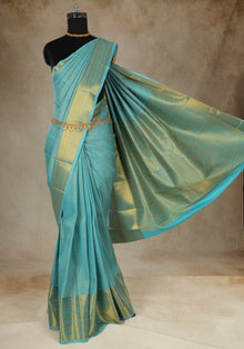 Pure Kanchipuram Art Silk Saree Aqua Blue Gold Border