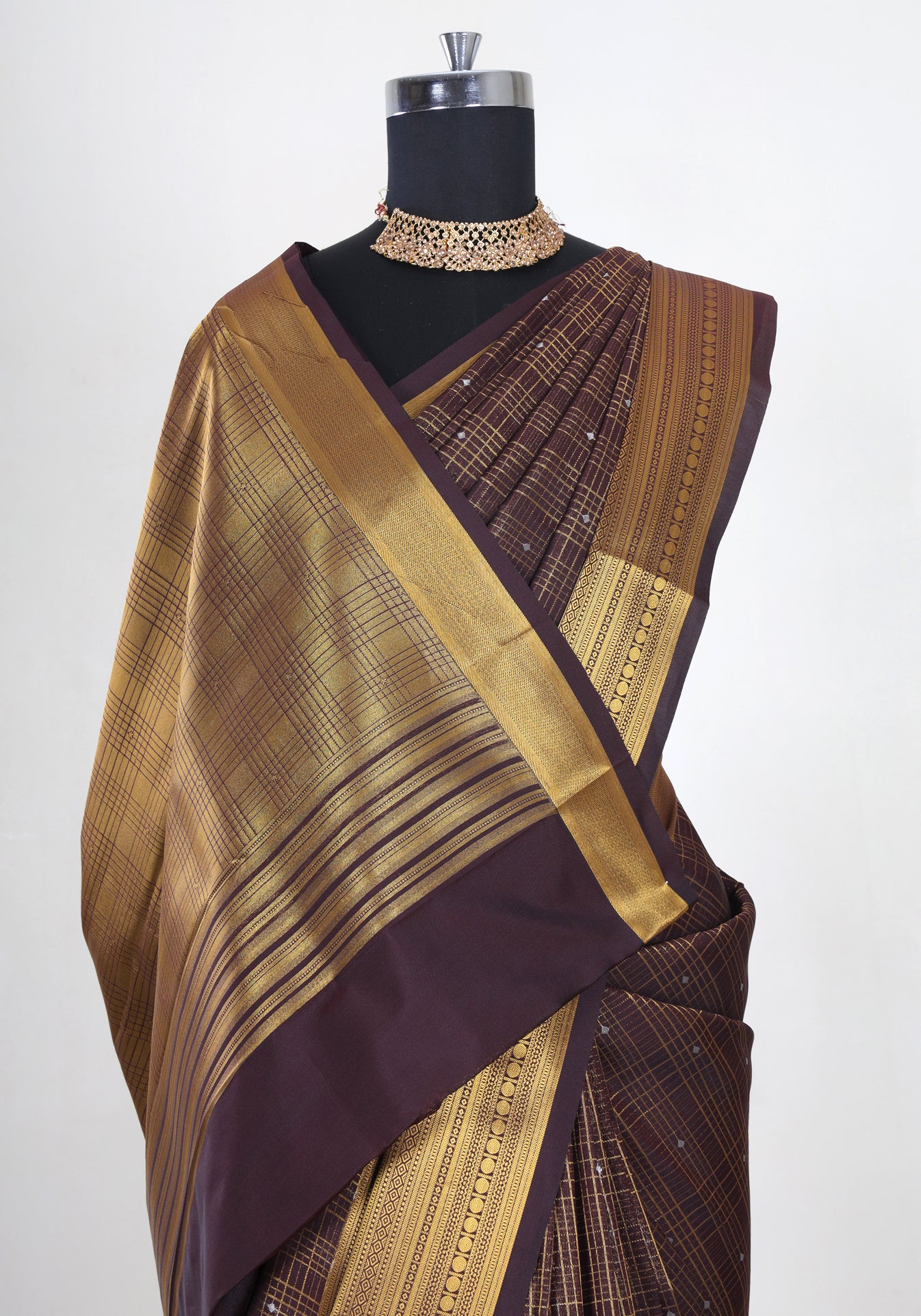 Pure Kanchipuram Art Silk Saree Coffee Brown Bronze Gold Border