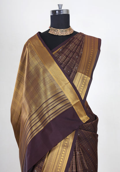 Pure Kanchipuram Art Silk Saree Coffee Brown Bronze Gold Border
