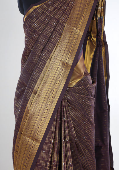 Pure Kanchipuram Art Silk Saree Coffee Brown Bronze Gold Border