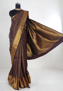 Pure Kanchipuram Art Silk Saree Coffee Brown Bronze Gold Border