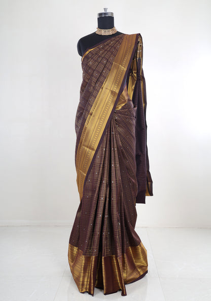 Pure Kanchipuram Art Silk Saree Coffee Brown Bronze Gold Border