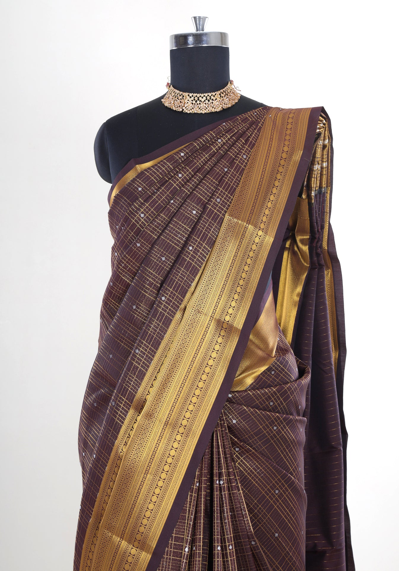 Pure Kanchipuram Art Silk Saree Coffee Brown Bronze Gold Border