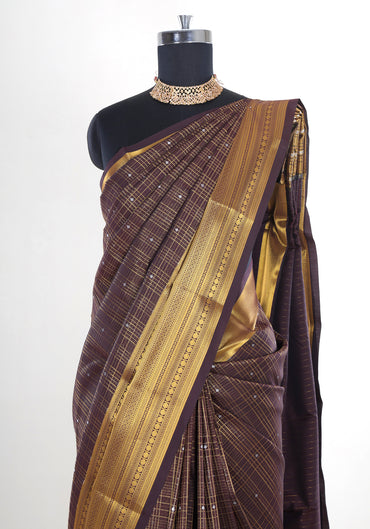 Pure Kanchipuram Art Silk Saree Coffee Brown Bronze Gold Border