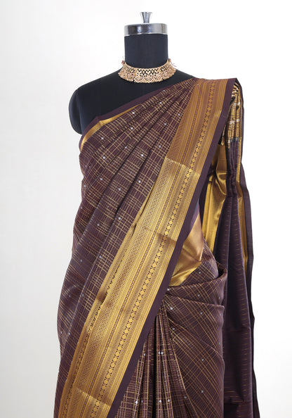 Pure Kanchipuram Art Silk Saree Coffee Brown Bronze Gold Border