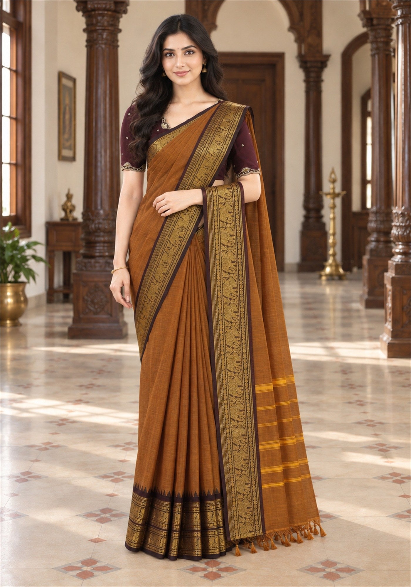 Chettinad Cotton Saree Mustard Brown Dark Brown Zari Border - PCS-1-9021 - view 1