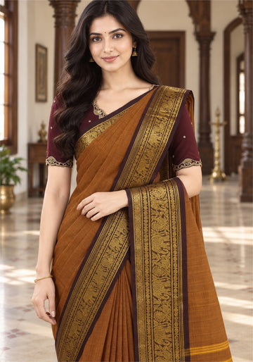 Chettinad Cotton Saree Mustard Brown Dark Brown Zari Border - Ashoka Threads